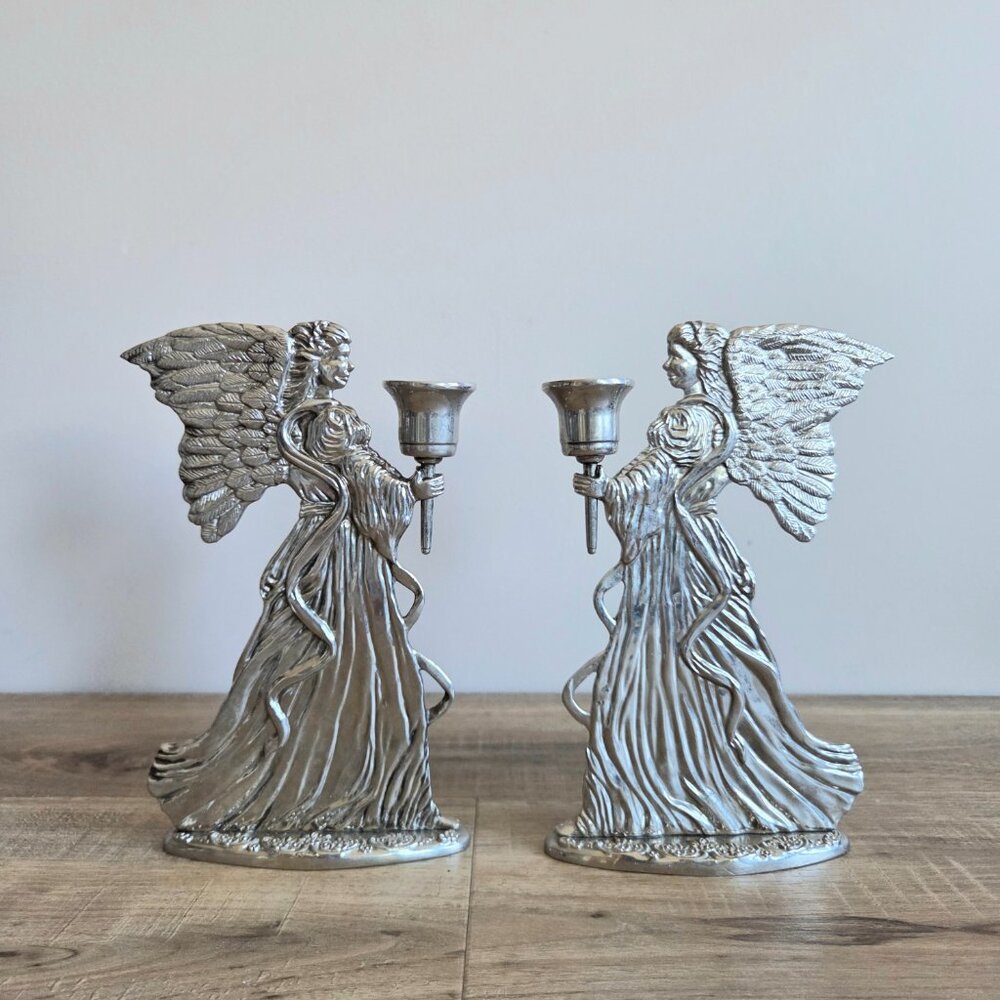 Set of 2 vintage silverplated (?) angel candleholders.